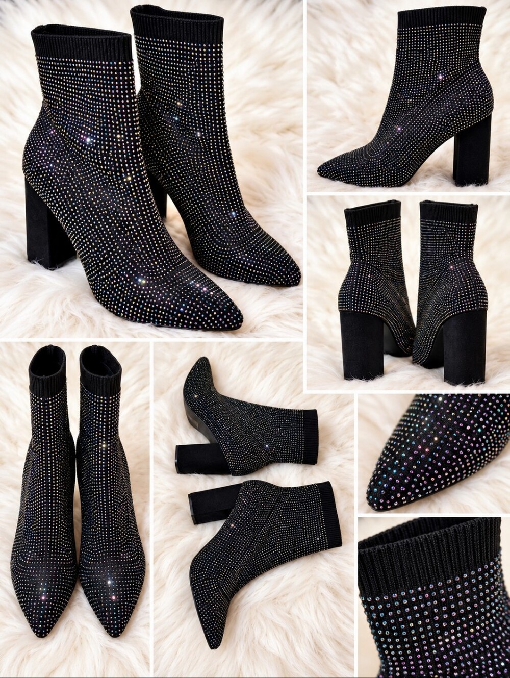 Women Wild Pair Size 8M Black Rhinestone Sock Ankle Boots Pointed Toe Block Heel